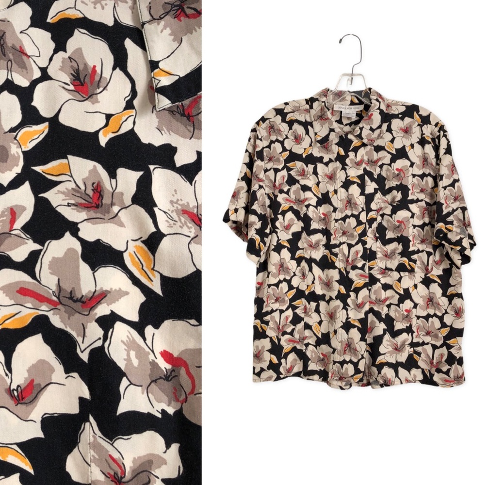 Vintage Jones New York Floral Short Sleeve Collared Blouse D17